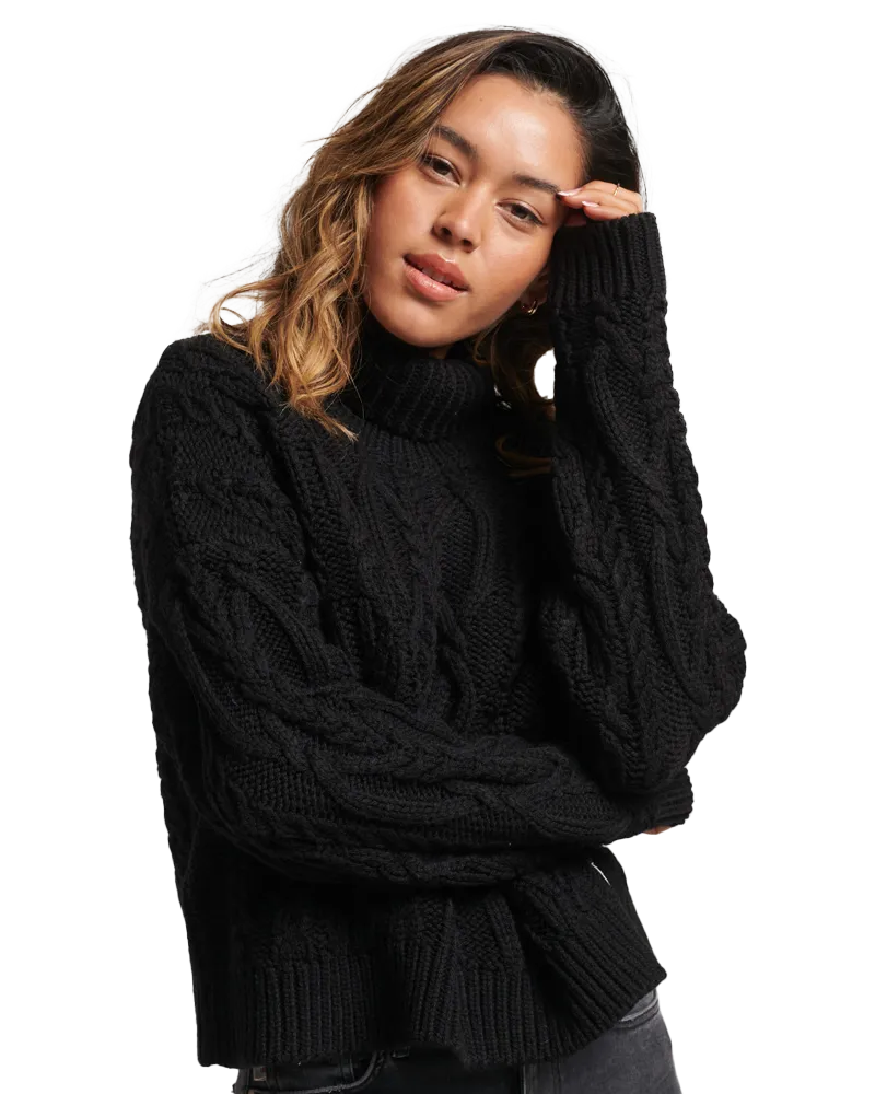 Cable Knit Polo Neck Jumper in Black