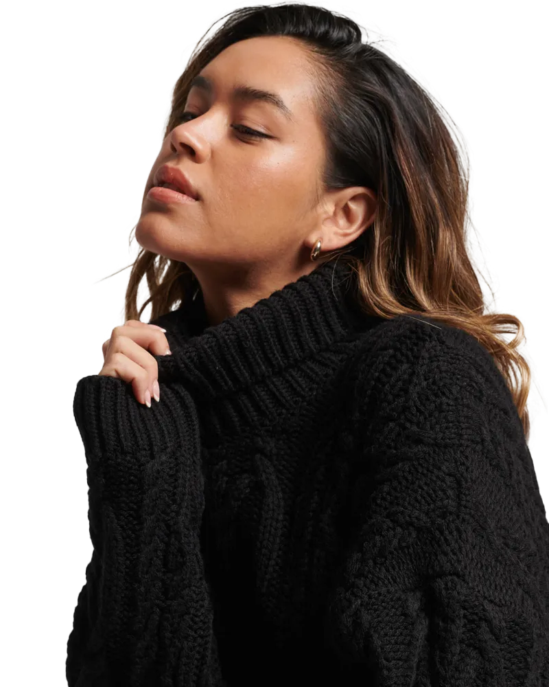 Cable Knit Polo Neck Jumper in Black