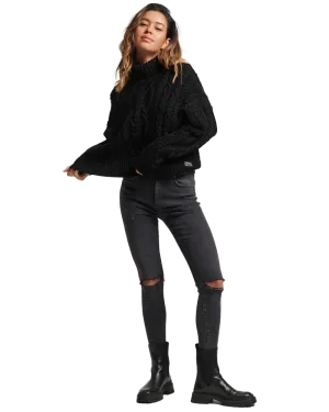 Cable Knit Polo Neck Jumper in Black
