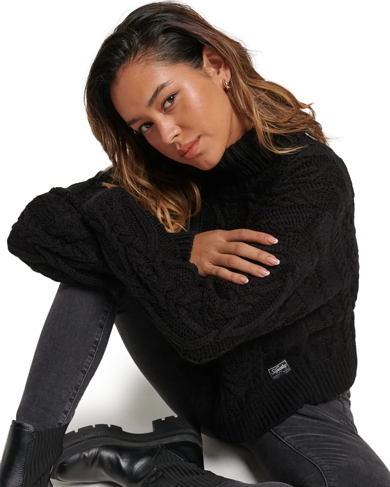 Cable Knit Polo Neck Jumper in Black