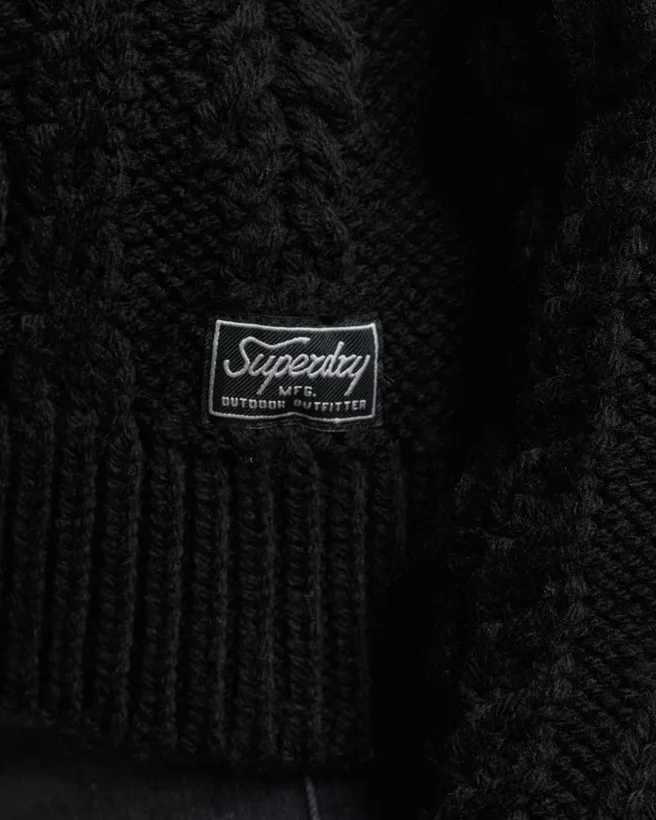 Cable Knit Polo Neck Jumper in Black