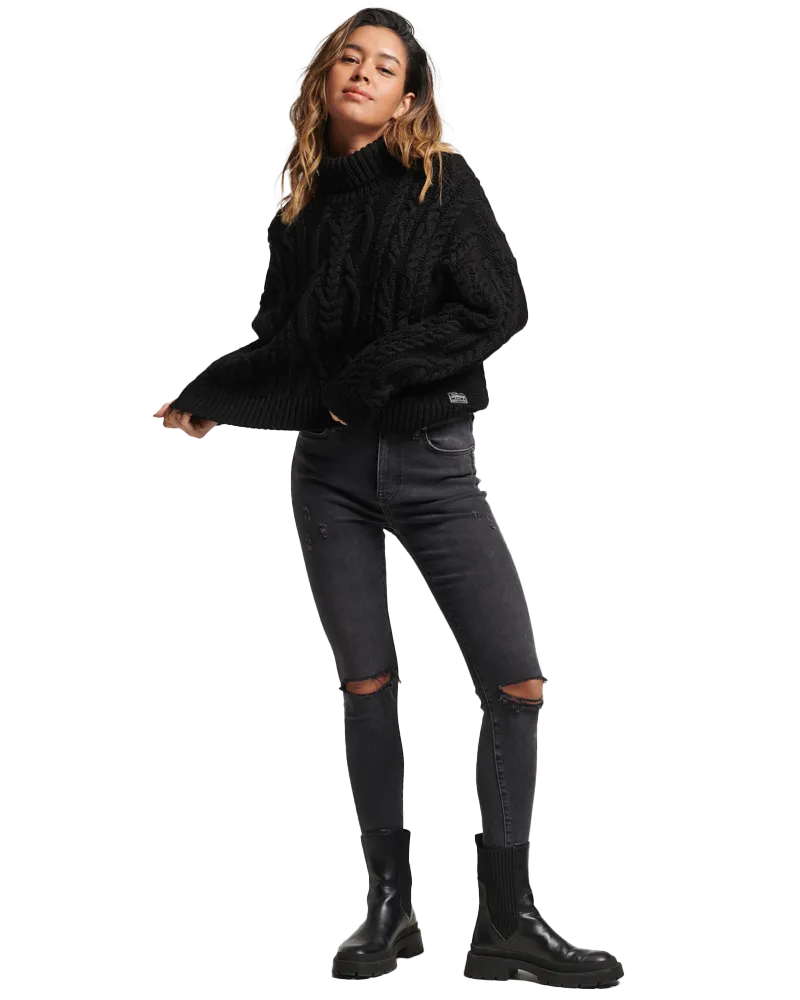 Cable Knit Polo Neck Jumper in Black