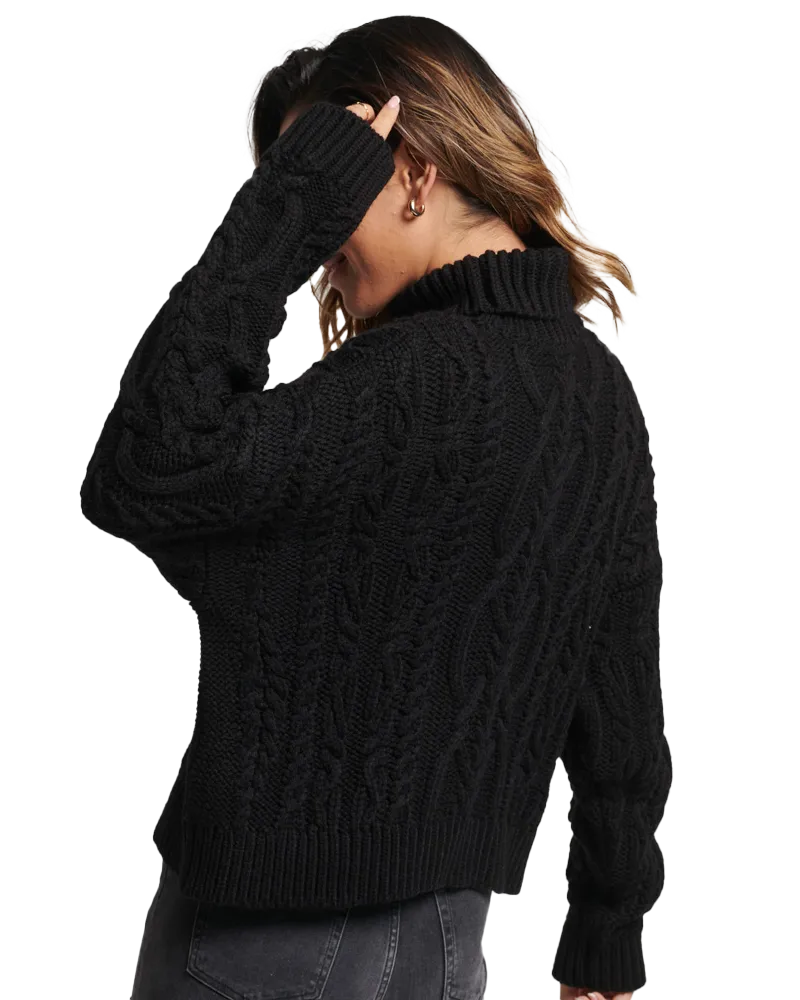 Cable Knit Polo Neck Jumper in Black