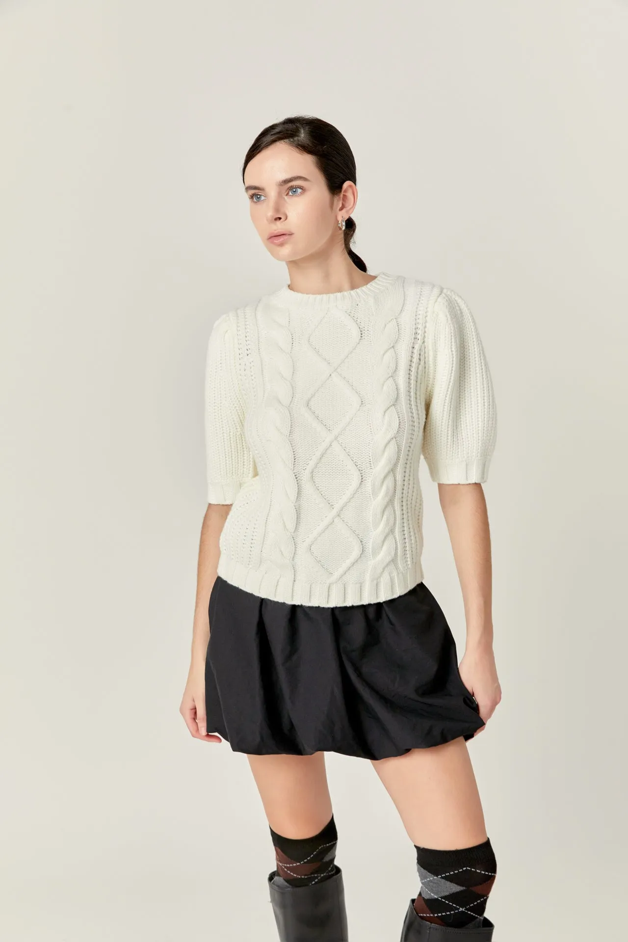 Cable Knit Puff Sleeve Sweater