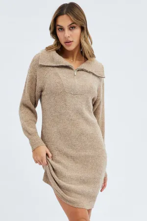 Camel Knit Dress Long Sleeve Turtleneck Zip