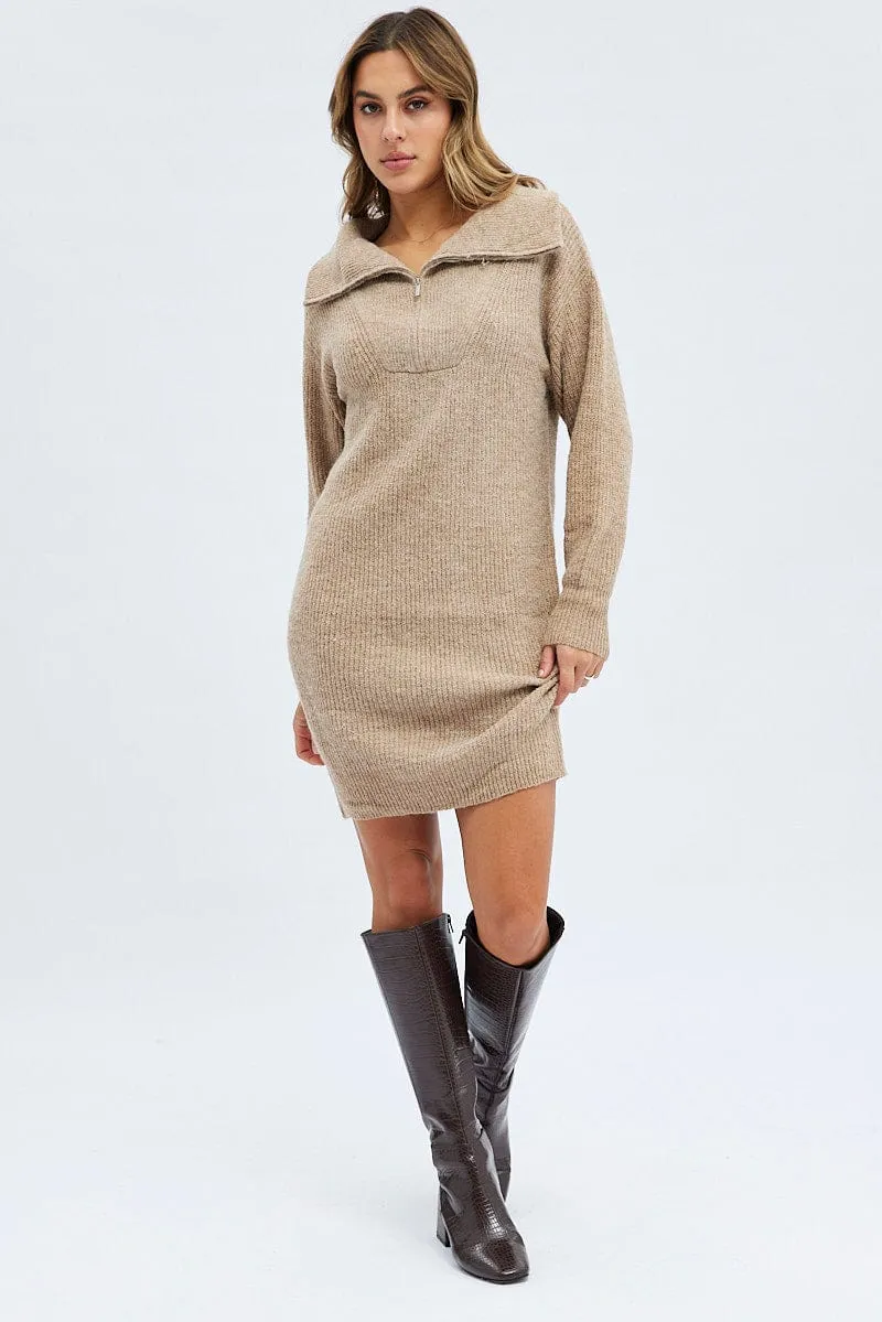 Camel Knit Dress Long Sleeve Turtleneck Zip