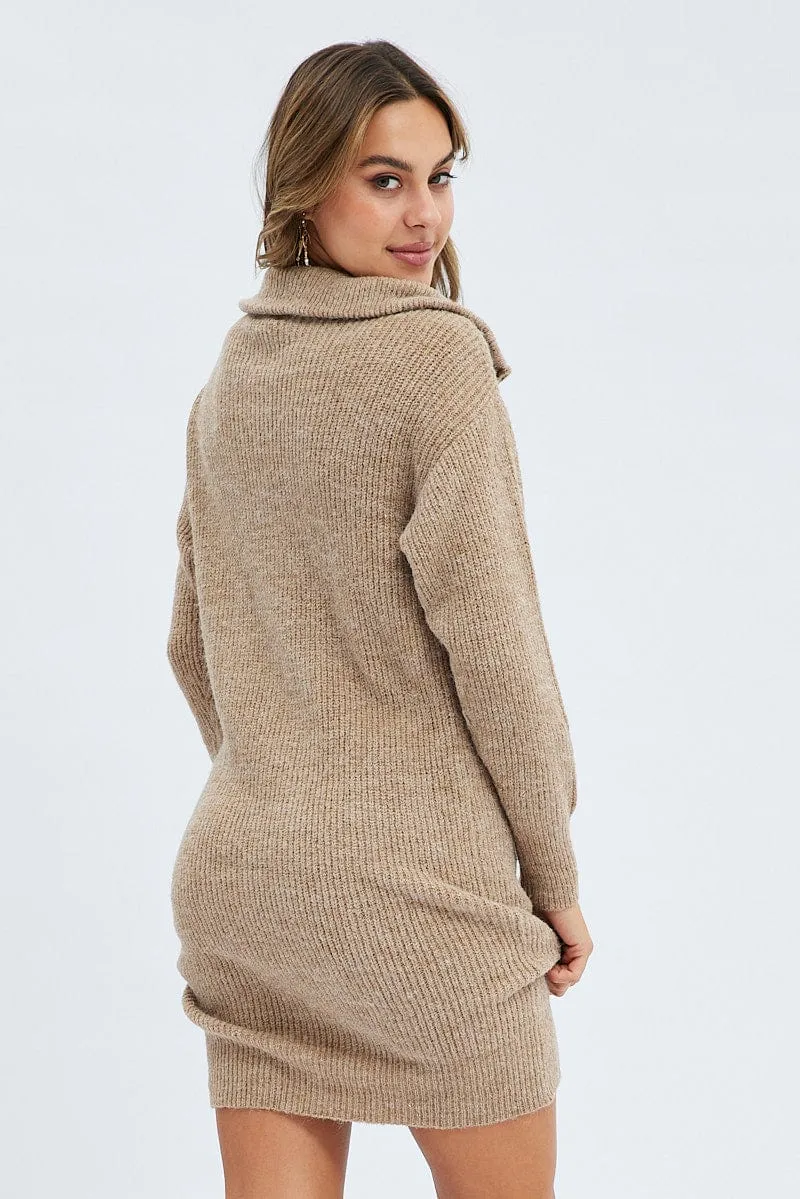 Camel Knit Dress Long Sleeve Turtleneck Zip