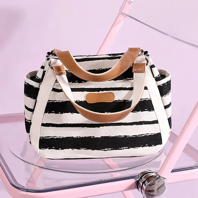 Casual Tote Bag For Women Daily Use Striped Canvas Bag