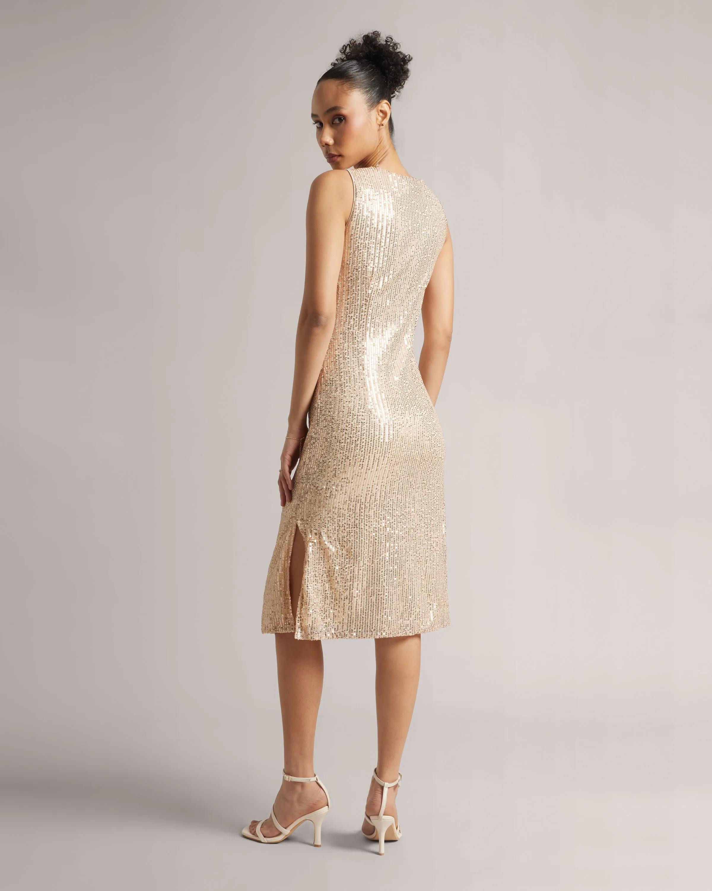 Champagne Beige Front Knot Sequin Midi Dress With Side Slits  - By Janasya