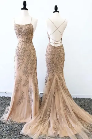 Champagne Mermaid Backless Lace Appliques Long Prom Dresses, Champagne Lace Formal Dresses, Champagne Graduation Evening Dresses