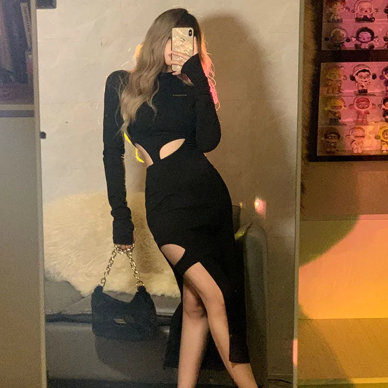 Chic Long Sleeve Black Dress with Hollow Cut Details