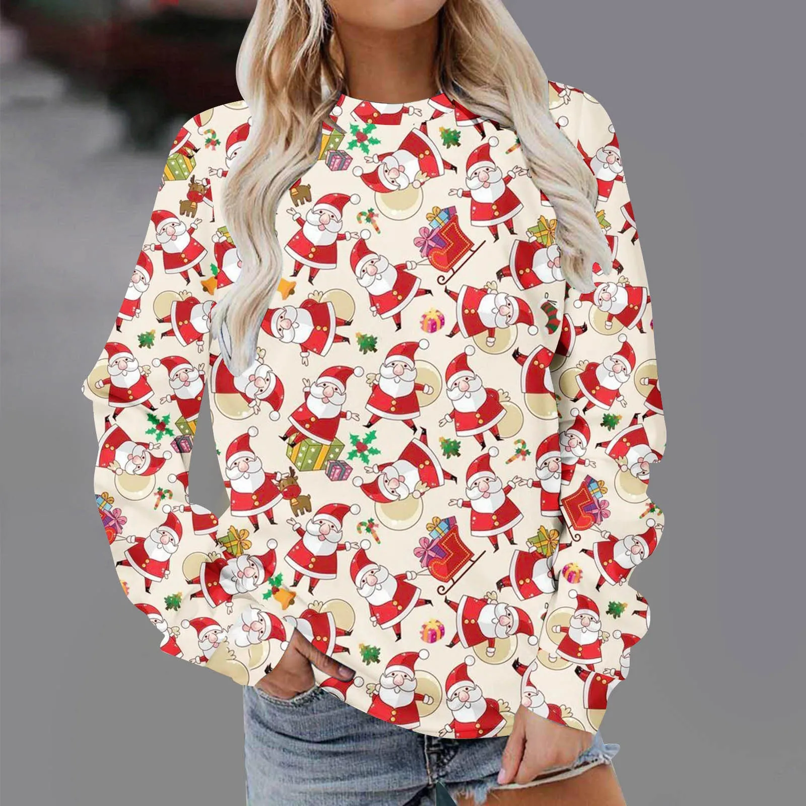 Christmas Fashion Print Round Neck Pullover for Men and Women