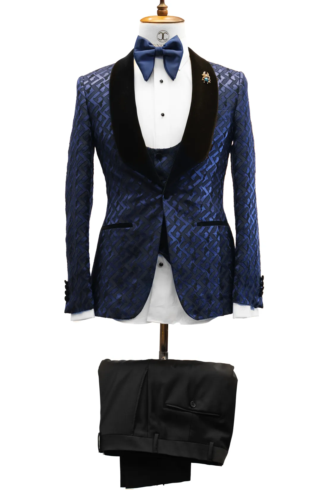 CONNAISSEUR - NAVY BLUE WITH H PATTERN 3-PIECE SLIM FIT TUXEDO WITH U VEST
