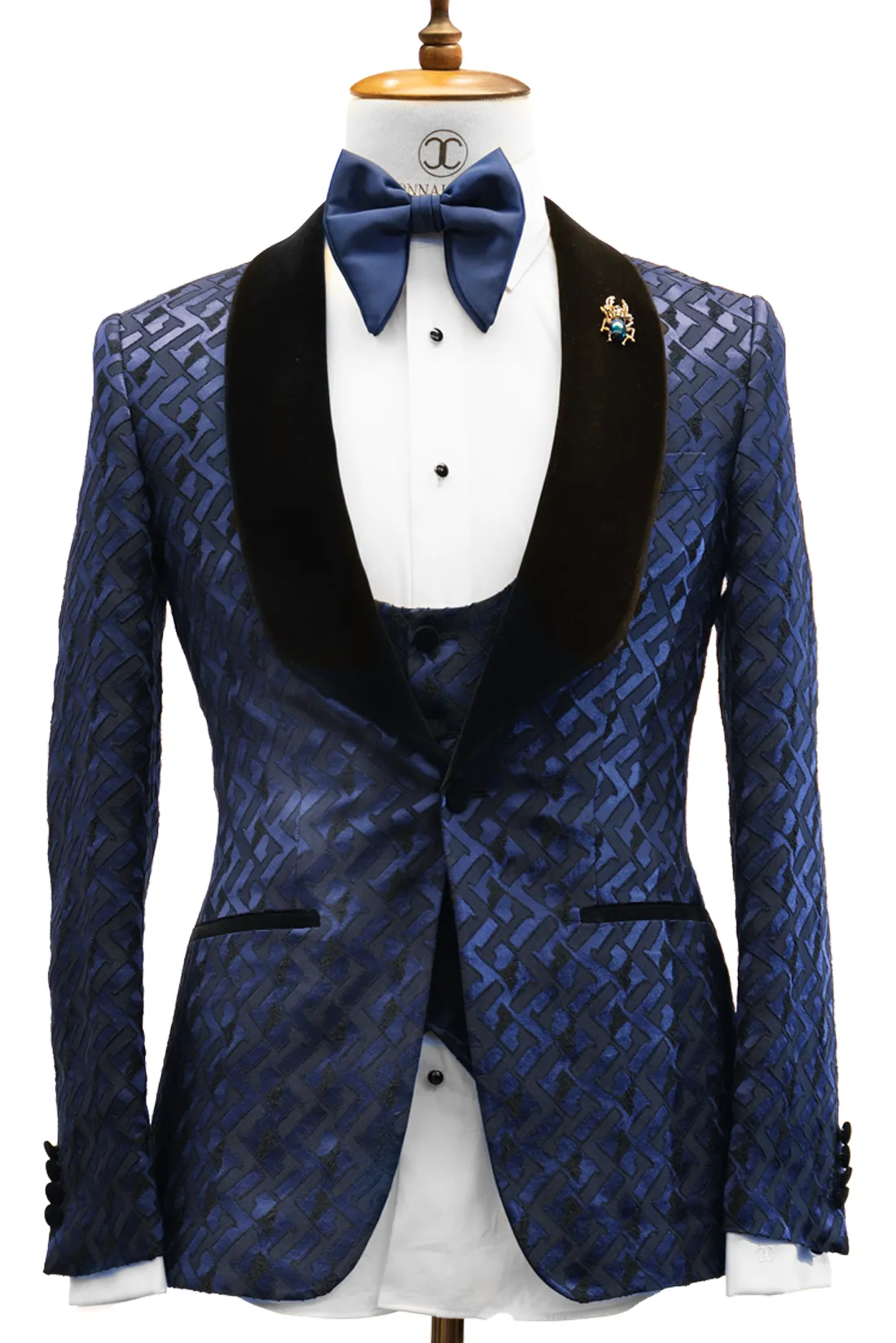 CONNAISSEUR - NAVY BLUE WITH H PATTERN 3-PIECE SLIM FIT TUXEDO WITH U VEST