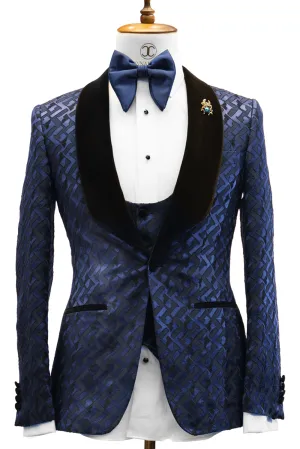 CONNAISSEUR - NAVY BLUE WITH H PATTERN 3-PIECE SLIM FIT TUXEDO WITH U VEST