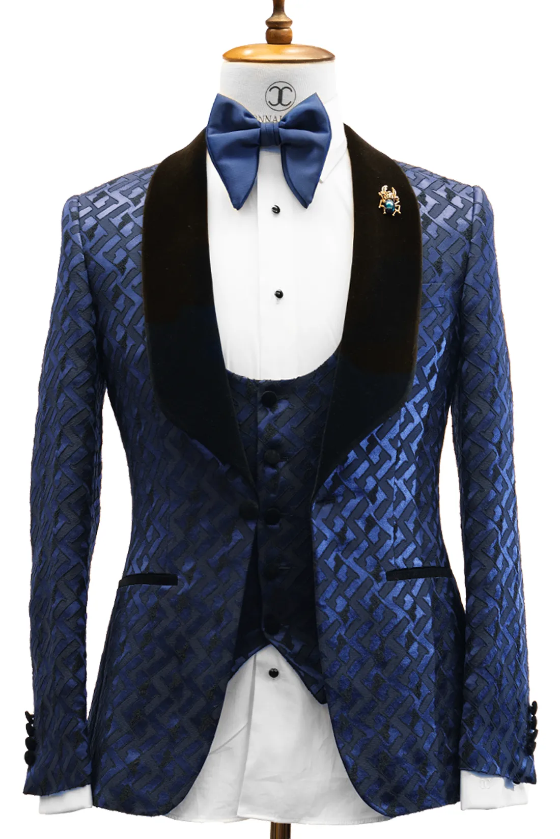 CONNAISSEUR - NAVY BLUE WITH H PATTERN 3-PIECE SLIM FIT TUXEDO WITH U VEST