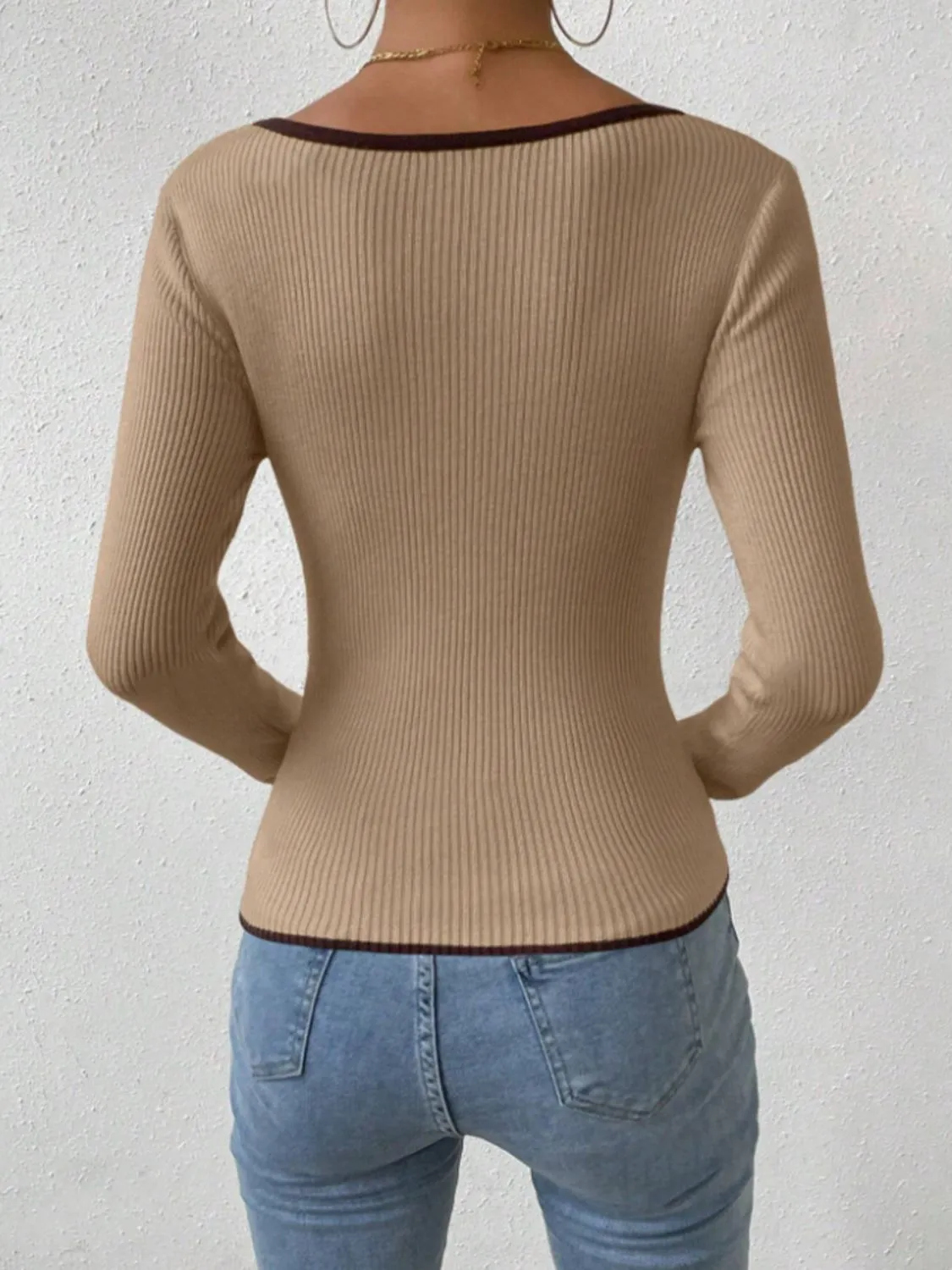 Contrast Trim Long Sleeve Knit Top | Winter Fashion | Classic Fashion