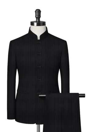 Dark Grey Pin Stripe Mandarin Collar Suit