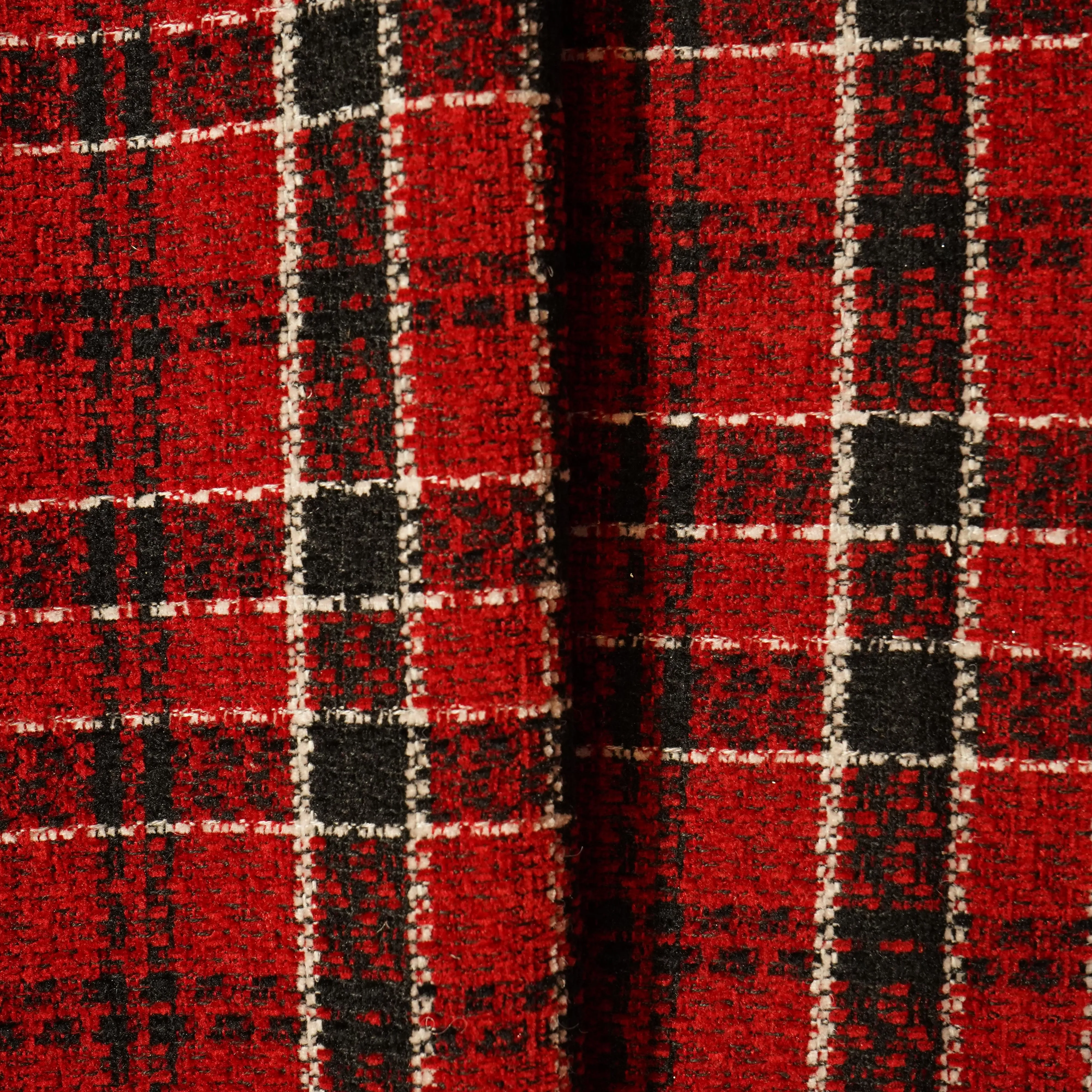 Dark Red & Black Check Tweed Fabric