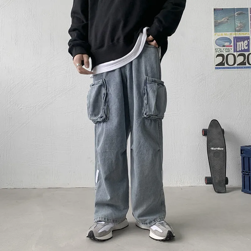 DEANWANGKT Back To School  Denim Trousers Male Jeans Denim Cargo Pants Baggy Wide Leg Jeans Casual Autumn Winter Korean Streetwear Hip Hop Cowboy