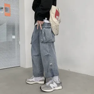 DEANWANGKT Back To School  Denim Trousers Male Jeans Denim Cargo Pants Baggy Wide Leg Jeans Casual Autumn Winter Korean Streetwear Hip Hop Cowboy