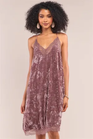 Dusty Lavender Crushed Velvet Vintage Sleeveless Lace Mesh V-Neck Razor Back Slip Dress