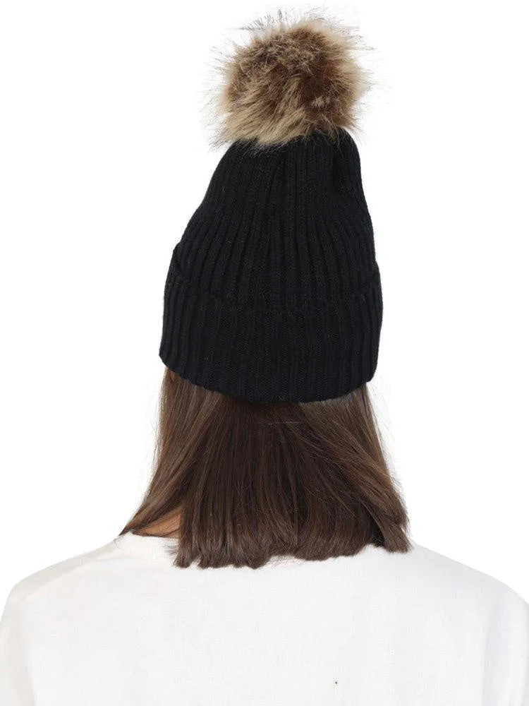 FabSeasons Black Acrylic Woolen Winter skull cap with Pom Pom for Girls & Women