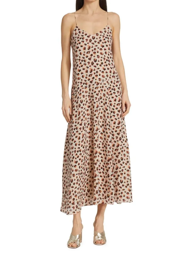 Flora Theory Leopard Print Silk Slip Dress in Beige Multi
