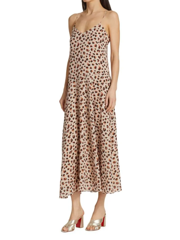 Flora Theory Leopard Print Silk Slip Dress in Beige Multi
