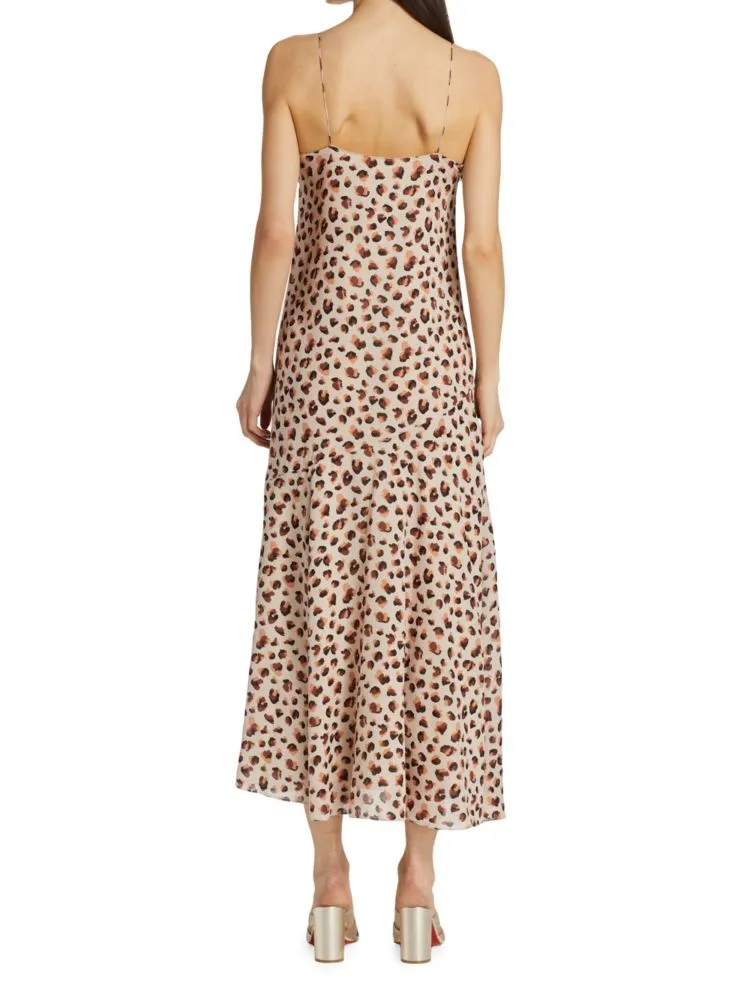 Flora Theory Leopard Print Silk Slip Dress in Beige Multi