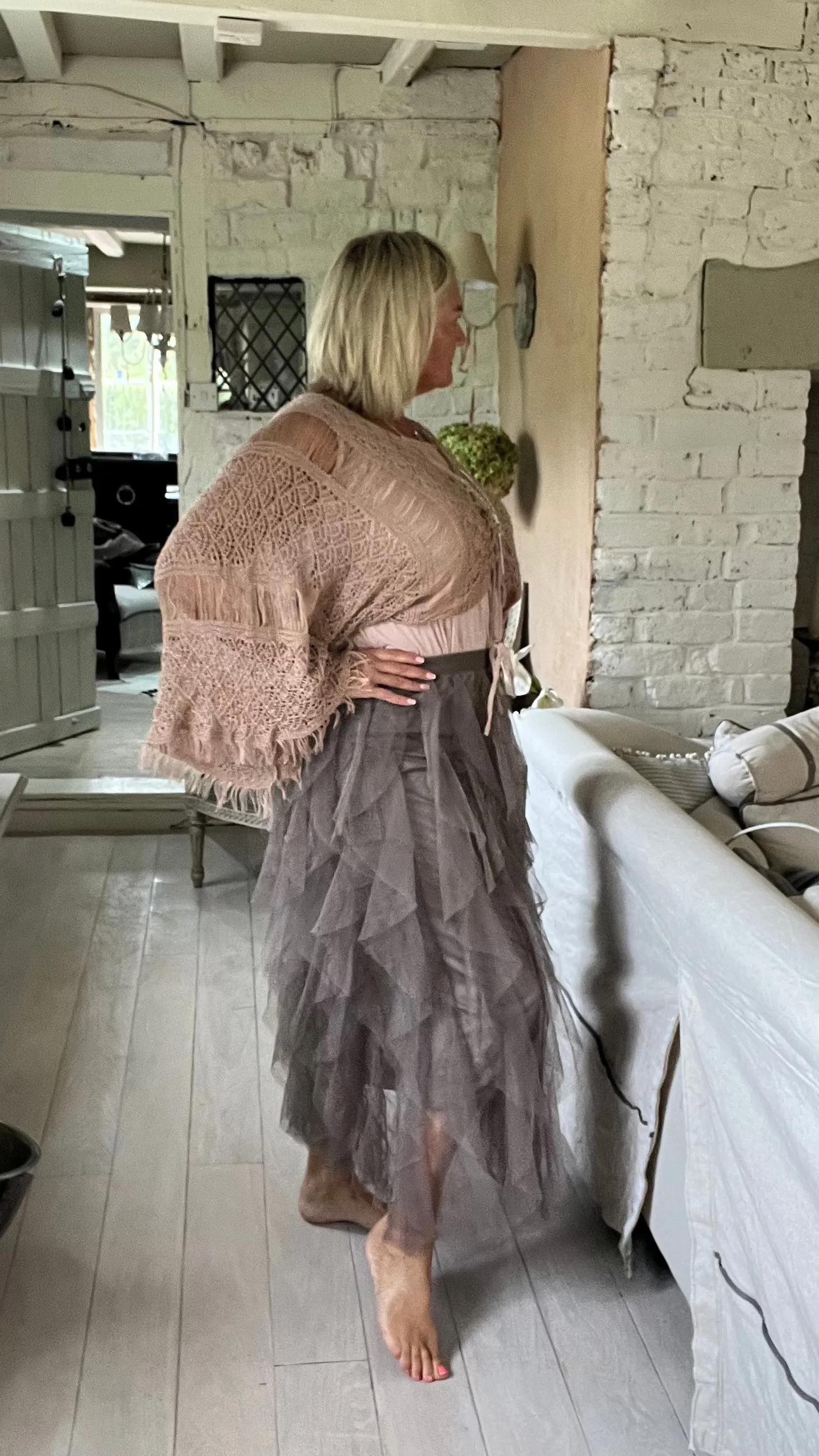 Florence Italian Midi Tulle Skirt A-line Elastic High Waist Irregular Layered Tiered Mesh Ballet Prom Wedding Party One Size Skirt in Mocha