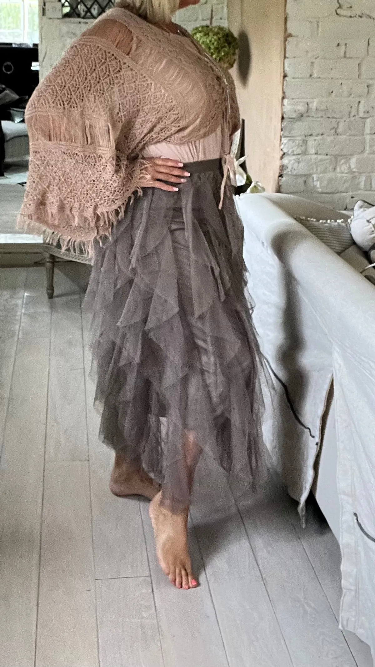 Florence Italian Midi Tulle Skirt A-line Elastic High Waist Irregular Layered Tiered Mesh Ballet Prom Wedding Party One Size Skirt in Mocha