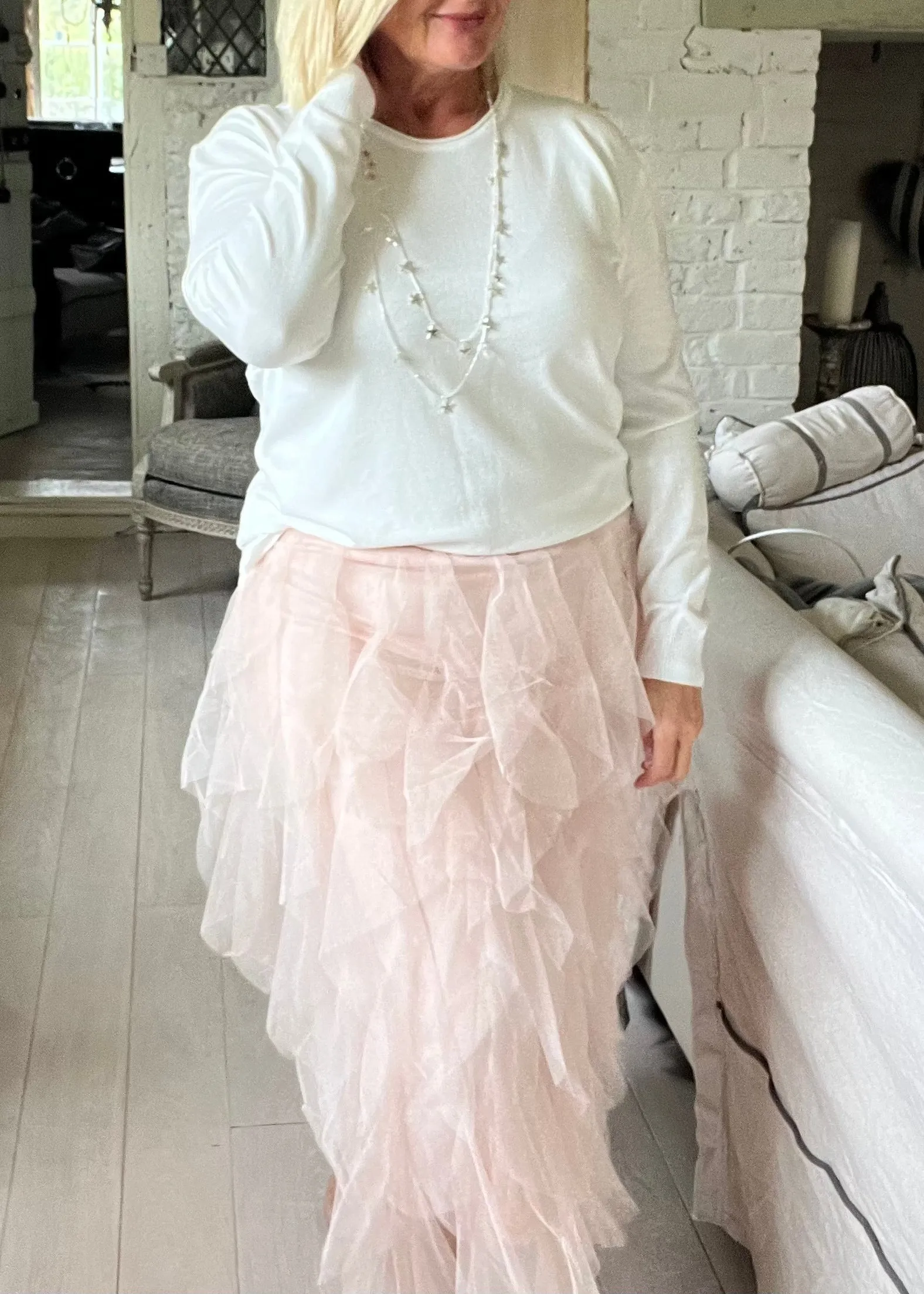 Florence Italian Midi Tulle Skirt A-line Elastic High Waist Irregular Layered Tiered Mesh Ballet Prom Wedding Party One Size Skirt in Mocha
