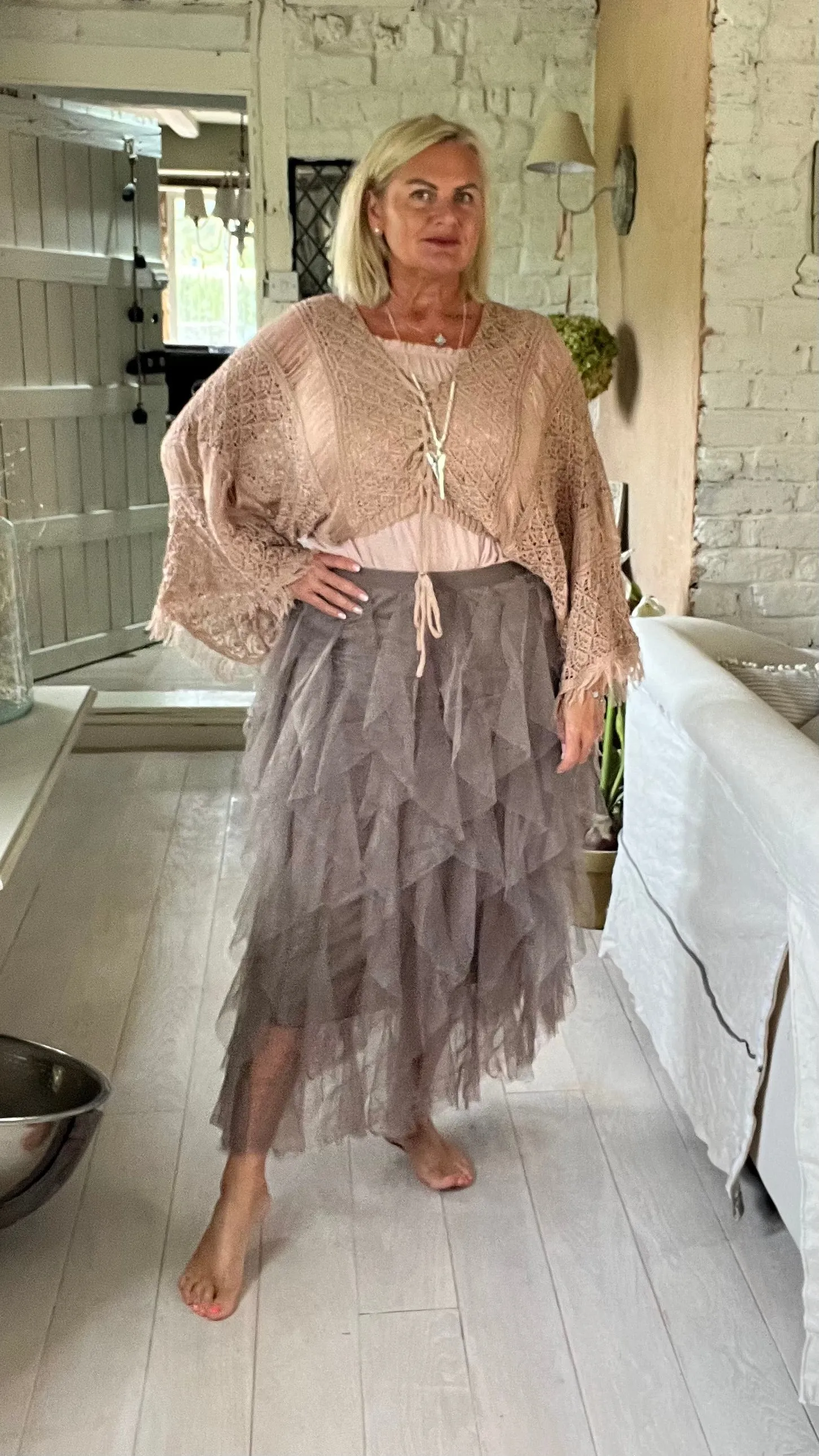 Florence Italian Midi Tulle Skirt A-line Elastic High Waist Irregular Layered Tiered Mesh Ballet Prom Wedding Party One Size Skirt in Mocha
