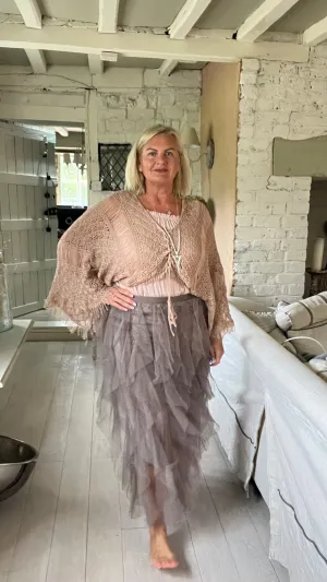 Florence Italian Midi Tulle Skirt A-line Elastic High Waist Irregular Layered Tiered Mesh Ballet Prom Wedding Party One Size Skirt in Mocha
