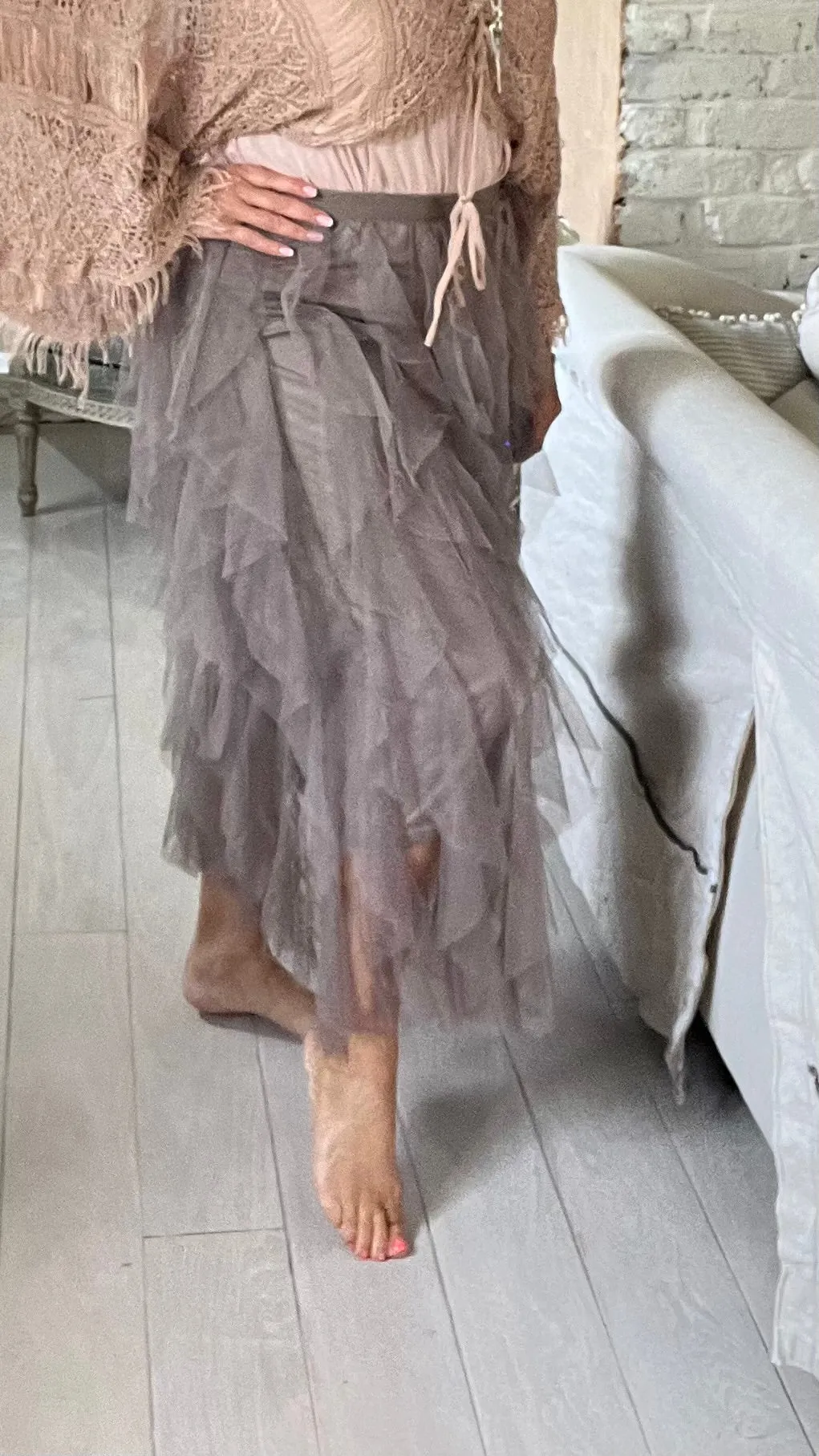 Florence Italian Midi Tulle Skirt A-line Elastic High Waist Irregular Layered Tiered Mesh Ballet Prom Wedding Party One Size Skirt in Mocha