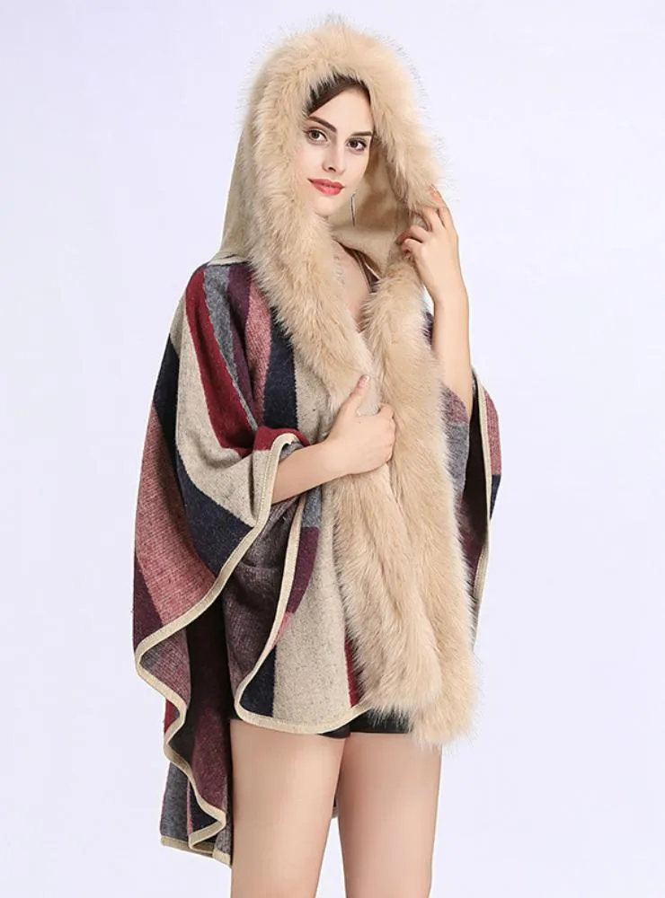 FOX LIKE FUR COLLAR STRIPED HOODED CAPE