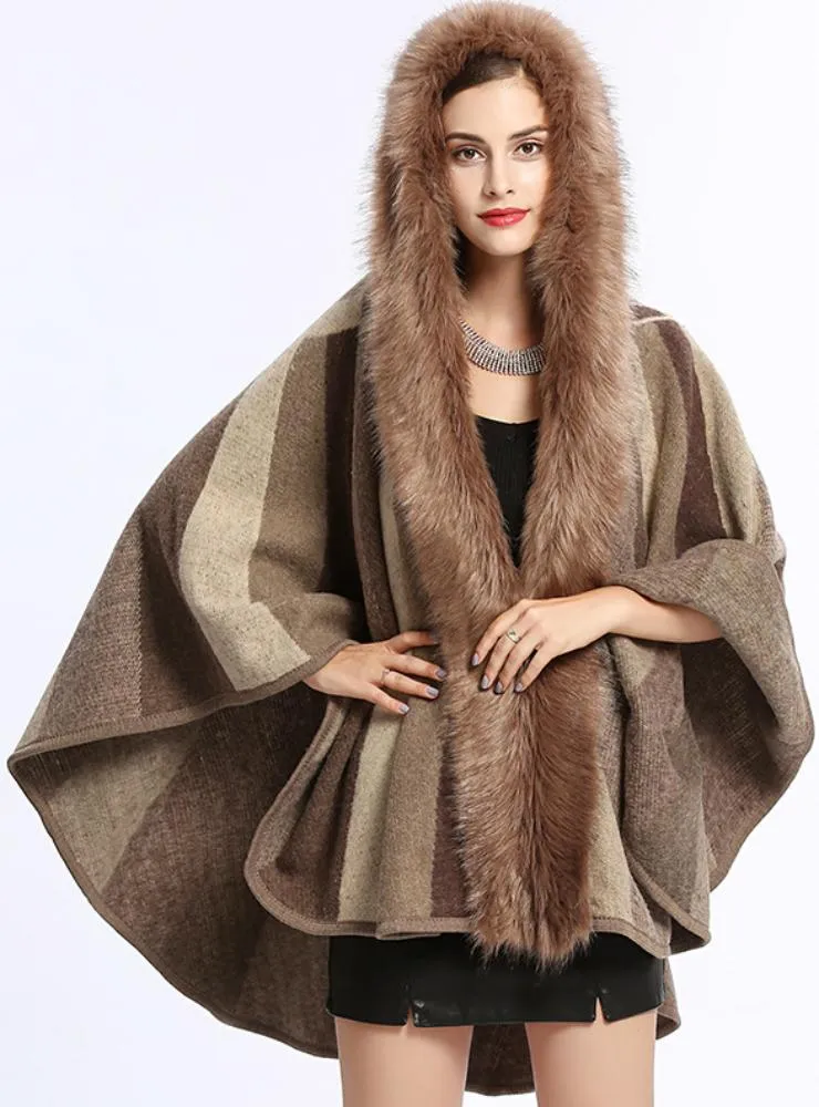 FOX LIKE FUR COLLAR STRIPED HOODED CAPE