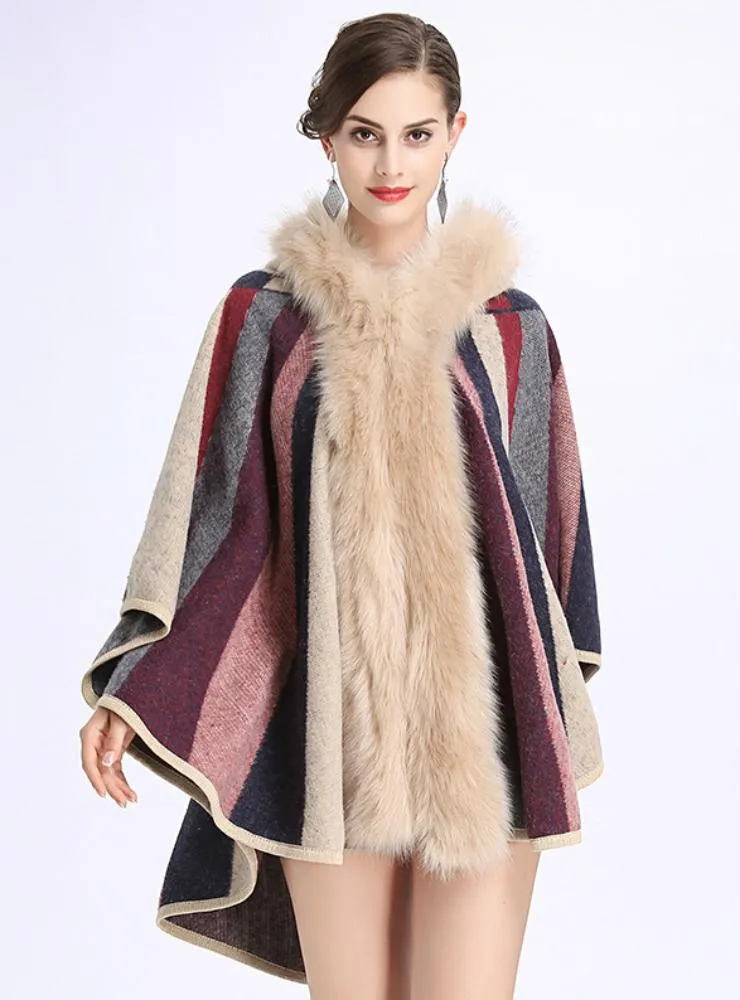 FOX LIKE FUR COLLAR STRIPED HOODED CAPE