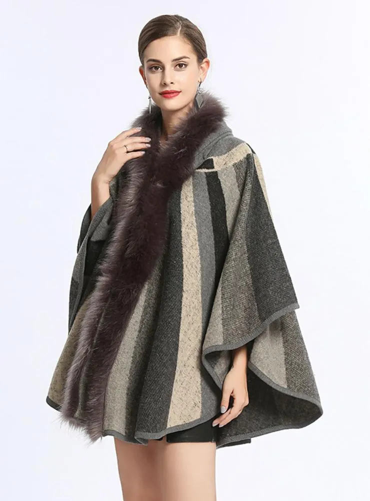 FOX LIKE FUR COLLAR STRIPED HOODED CAPE