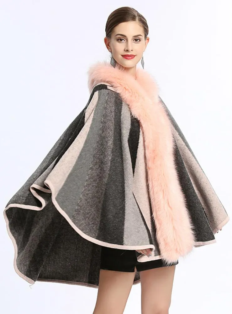FOX LIKE FUR COLLAR STRIPED HOODED CAPE