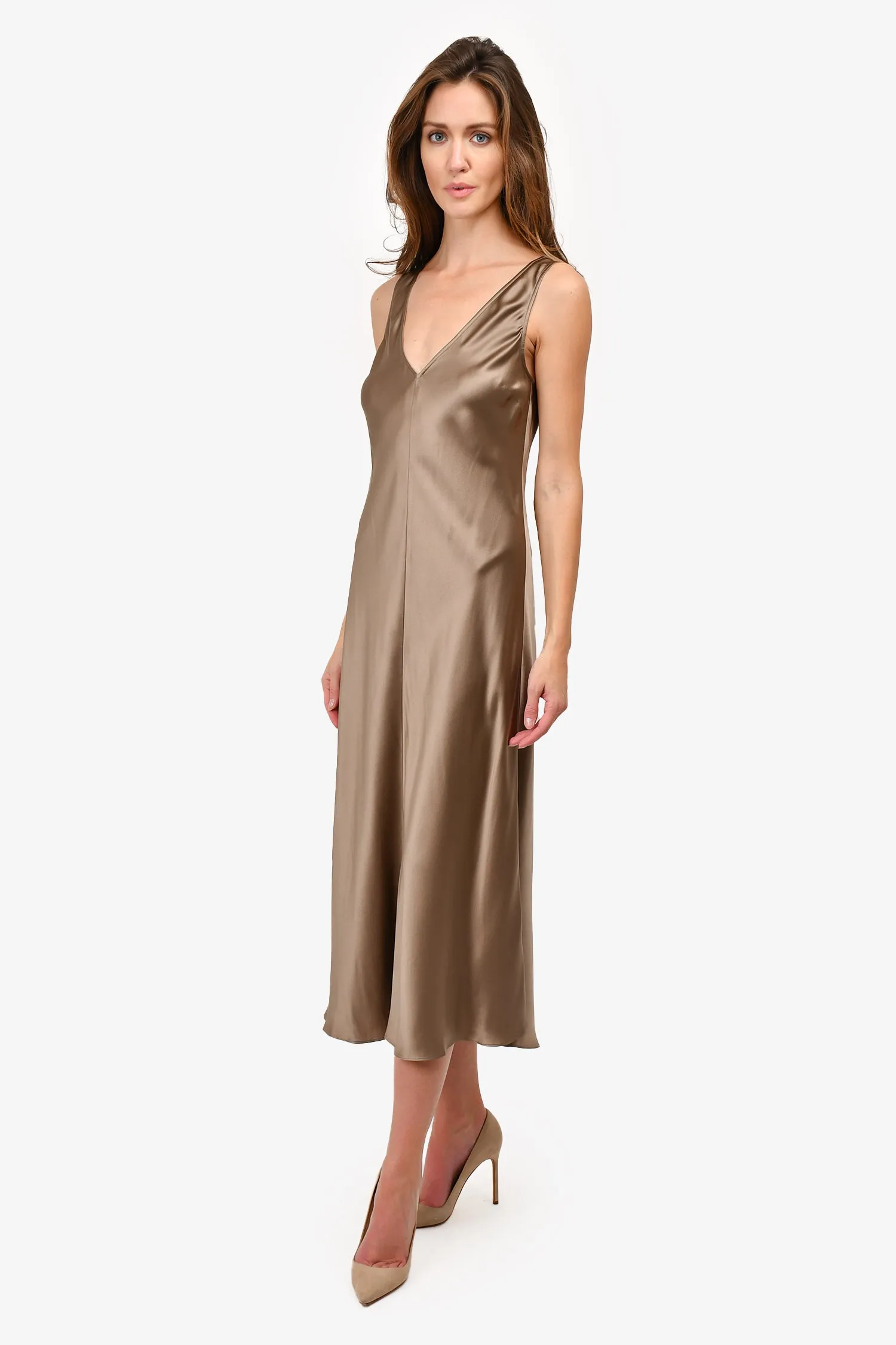 Frame Grey Silk V-Neck Slip Maxi Dress Size M