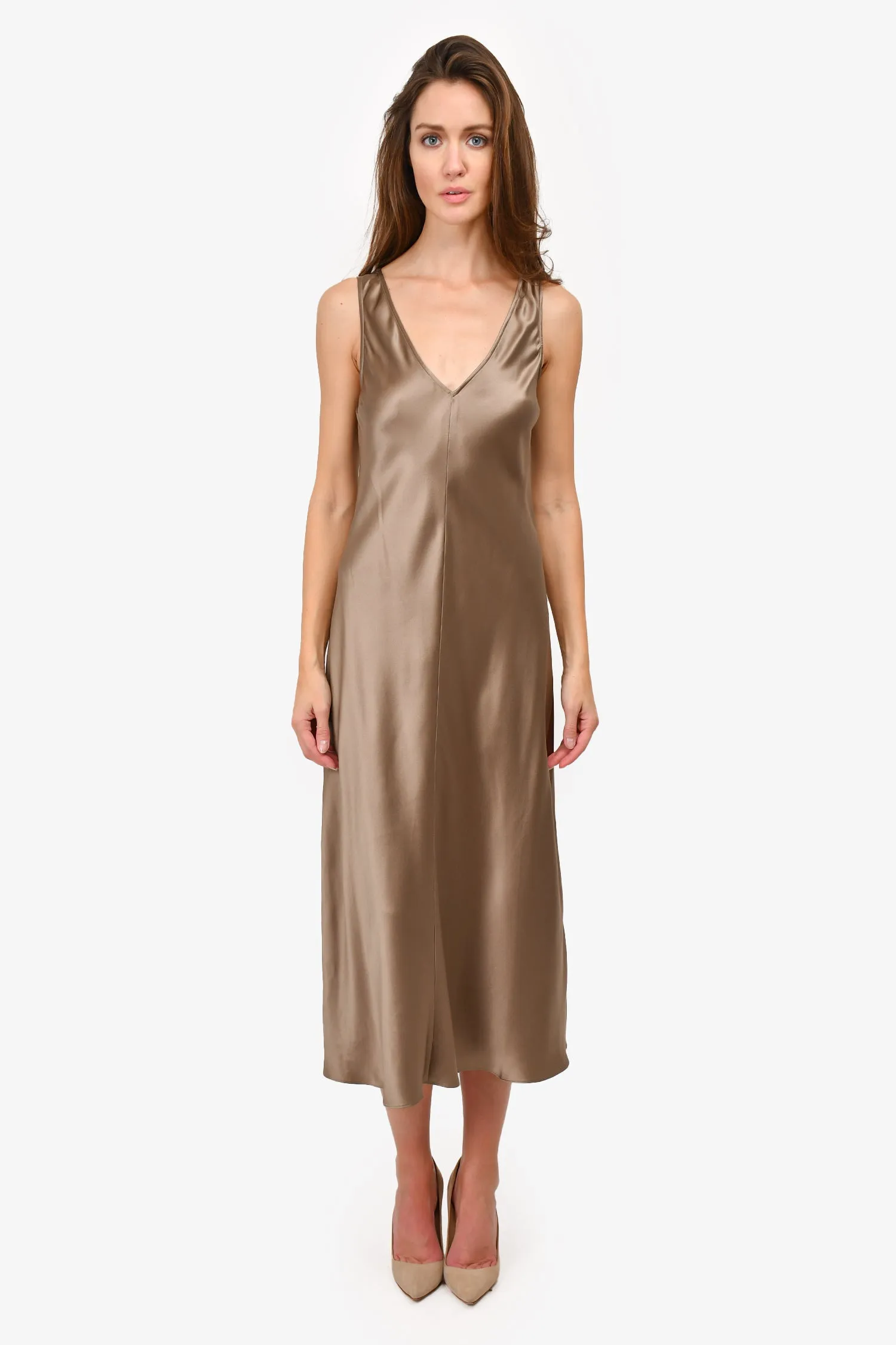 Frame Grey Silk V-Neck Slip Maxi Dress Size M