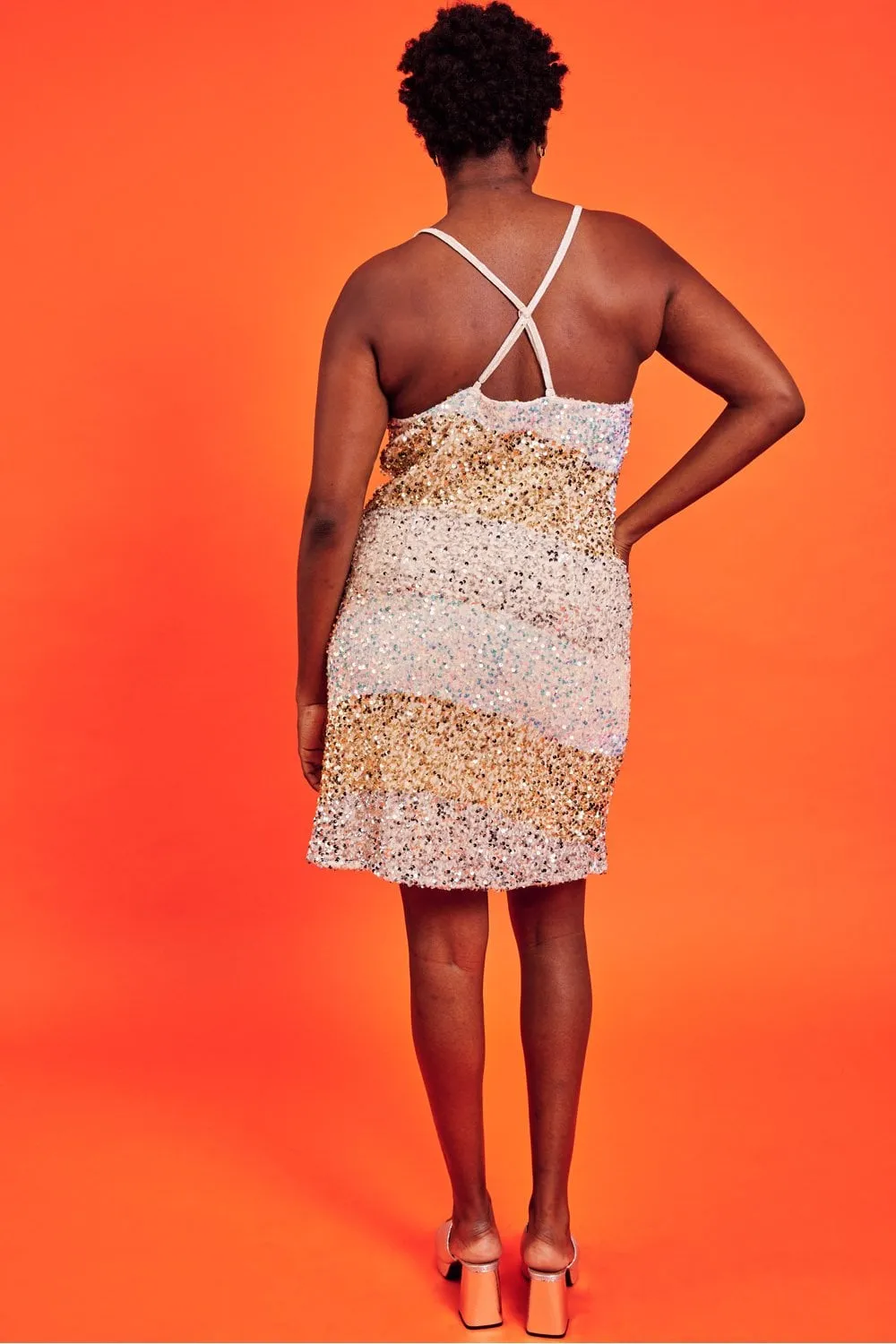 Gold Champagne and White Sequin Curve Size Velvet Slip Dress