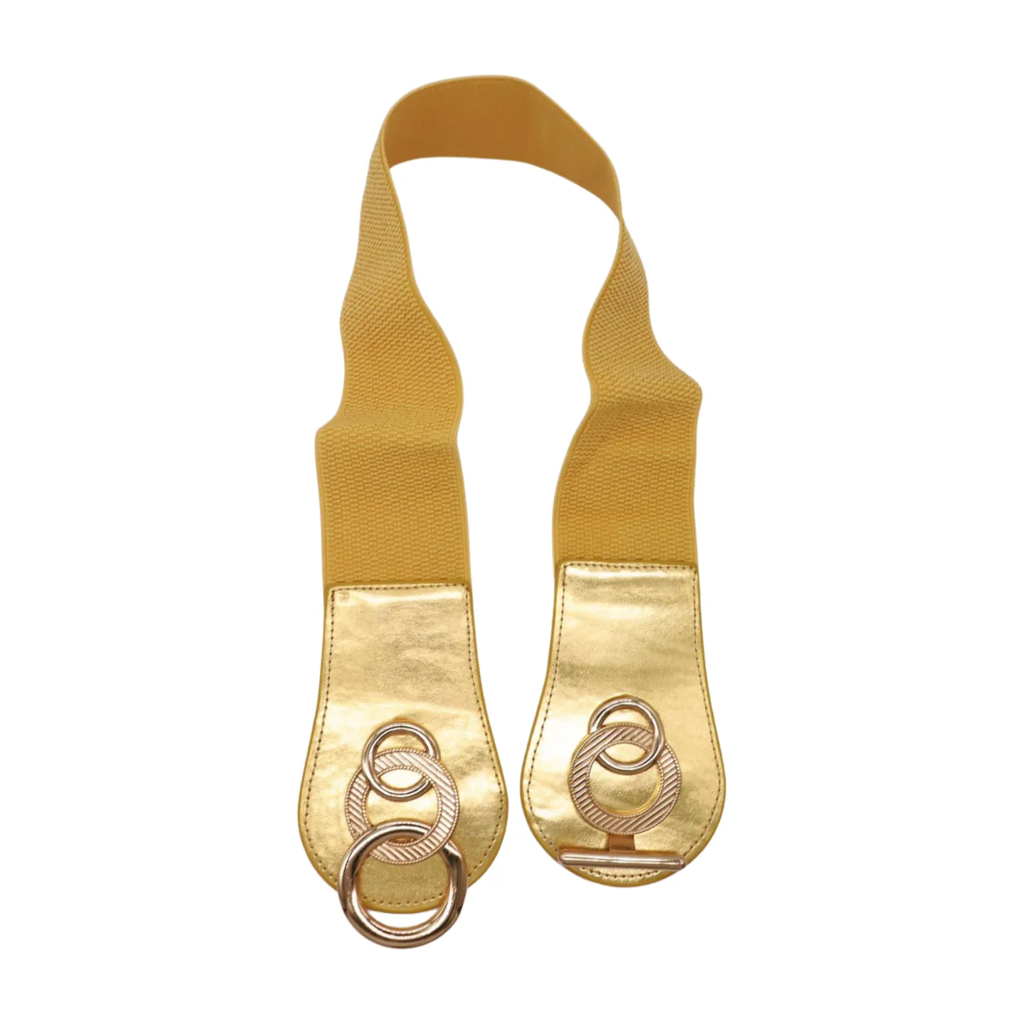Gold Faux Leather Elastic Belt Circle Hook Buckle S M