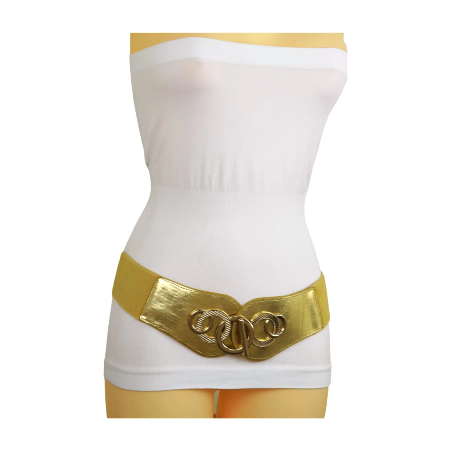 Gold Faux Leather Elastic Belt Circle Hook Buckle S M