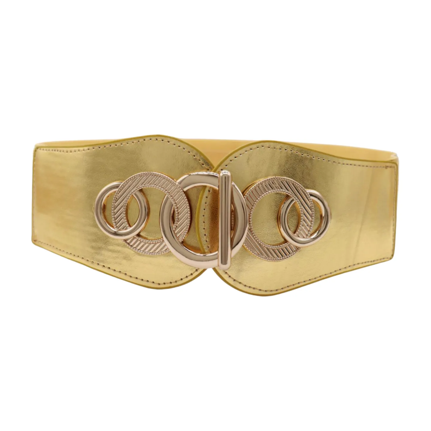 Gold Faux Leather Elastic Belt Circle Hook Buckle S M