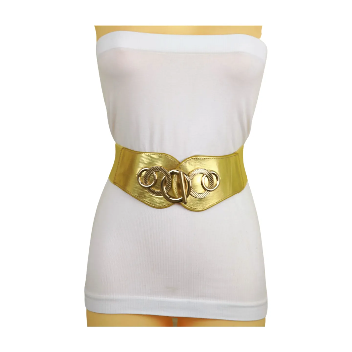 Gold Faux Leather Elastic Belt Circle Hook Buckle S M