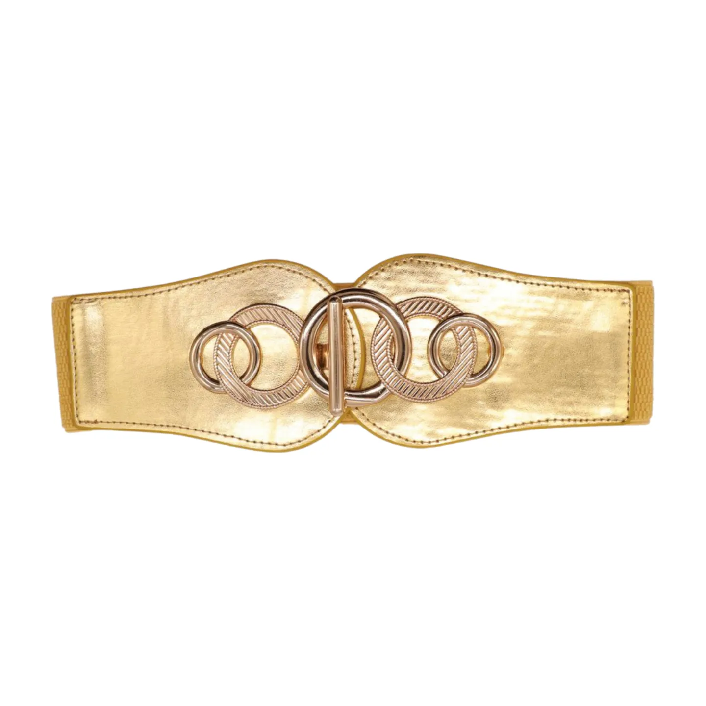 Gold Faux Leather Elastic Belt Circle Hook Buckle S M