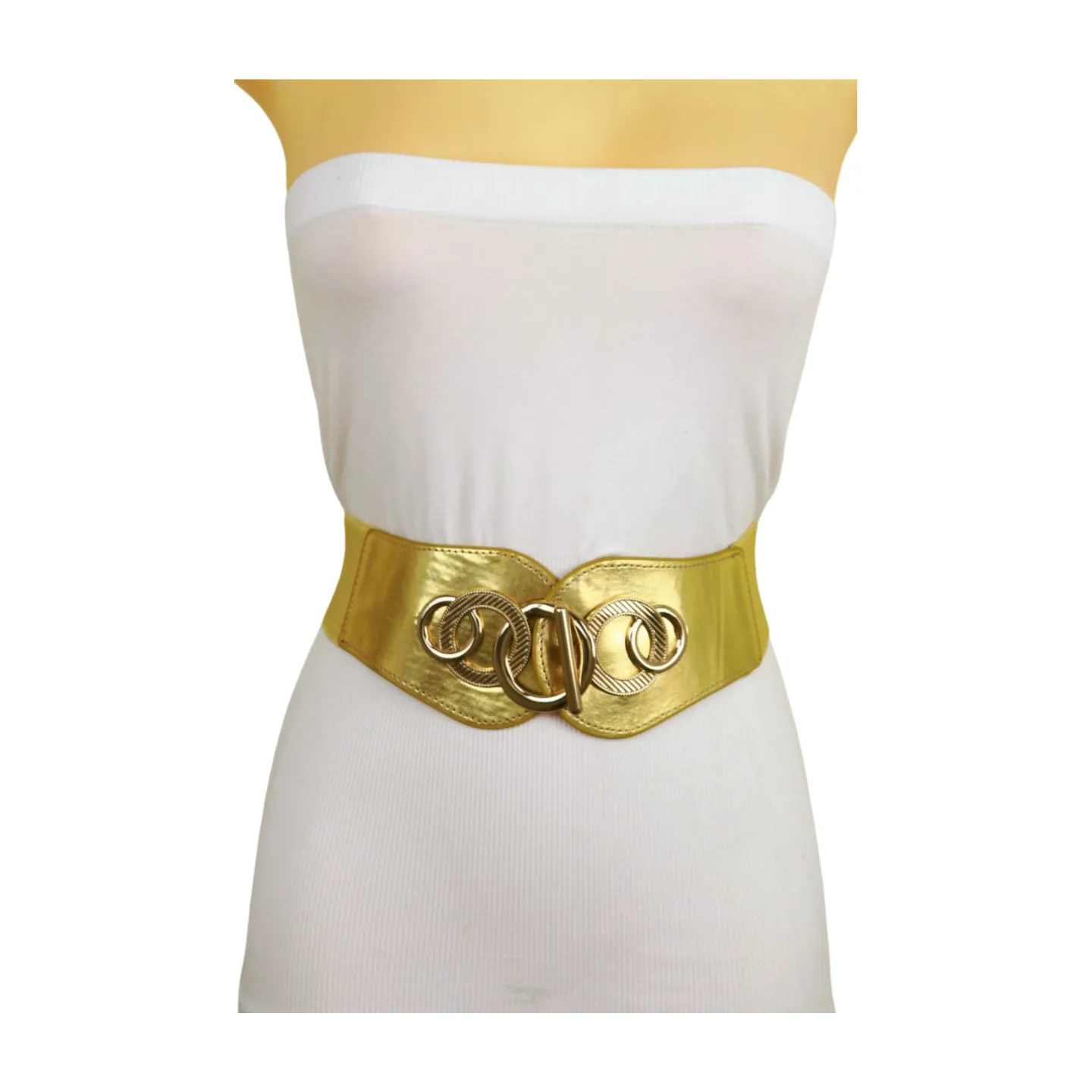 Gold Faux Leather Elastic Belt Circle Hook Buckle S M